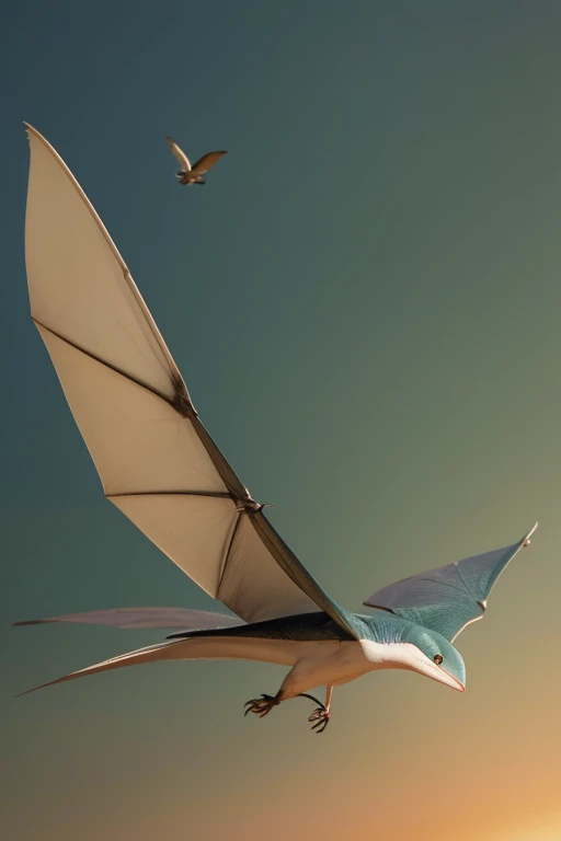 One Pteranodon、Flying straight and at high speed, level with the ground、The whole body is parallel to the ground、Big eyes、The body is thin and long、The crest is on the back of the head.、The crest is long and pointed、A pair of long wings on its back、The hind legs are small and bird-like.、The tail is long and pointed