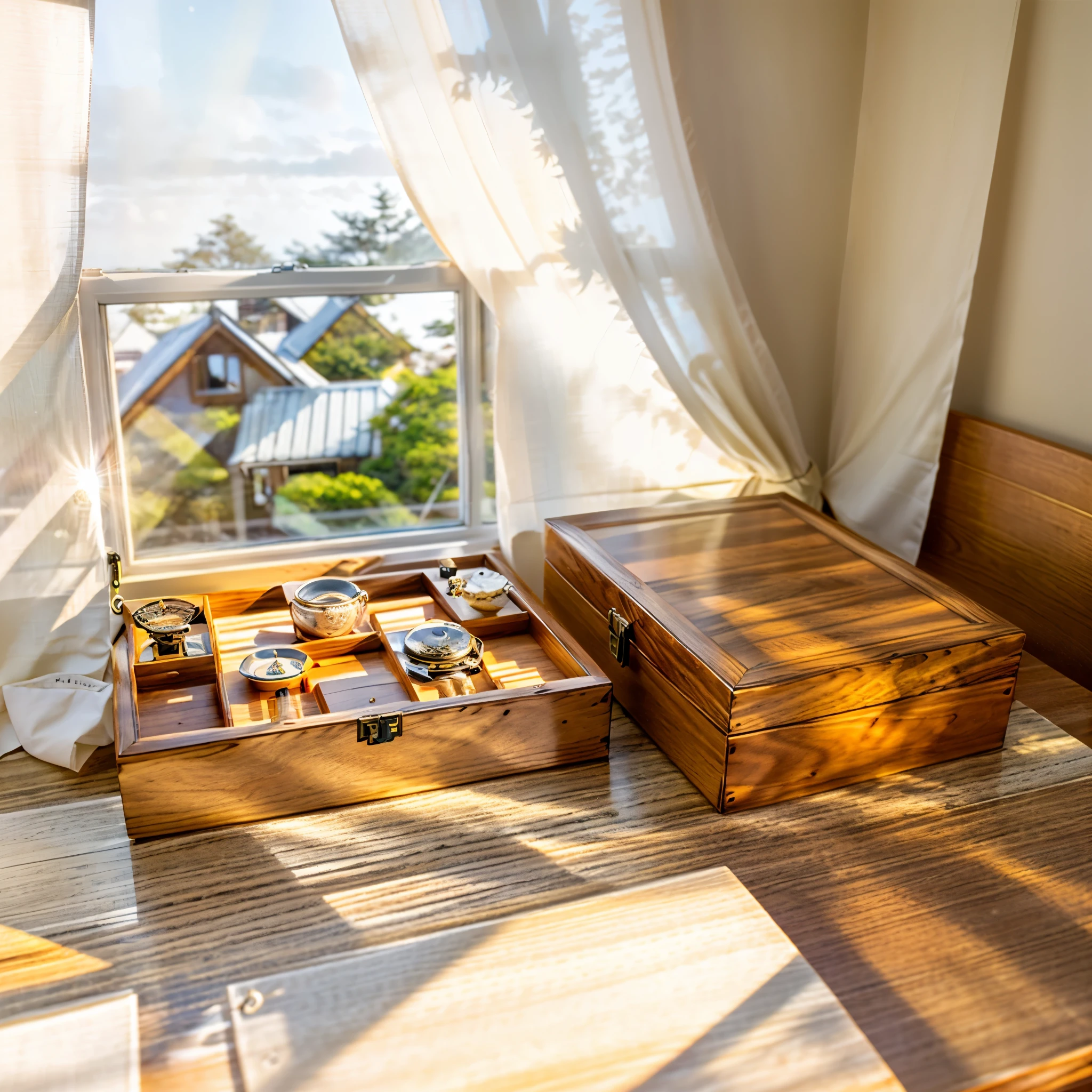 In this cozy room，A ray of sunlight shone through the half-drawn curtains on the table，Let the wood grain on the watch storage box shine with a faint luster。There was a calm and peaceful atmosphere in the air around them。There are several still lifes hanging on the walls of the room，It adds a touch of elegance to the space。And on the other side of the room，The half-open window lets in the breeze，The pages on the small desk by the window turned in the wind，This quiet scene gives a sense of tranquility and comfort。

