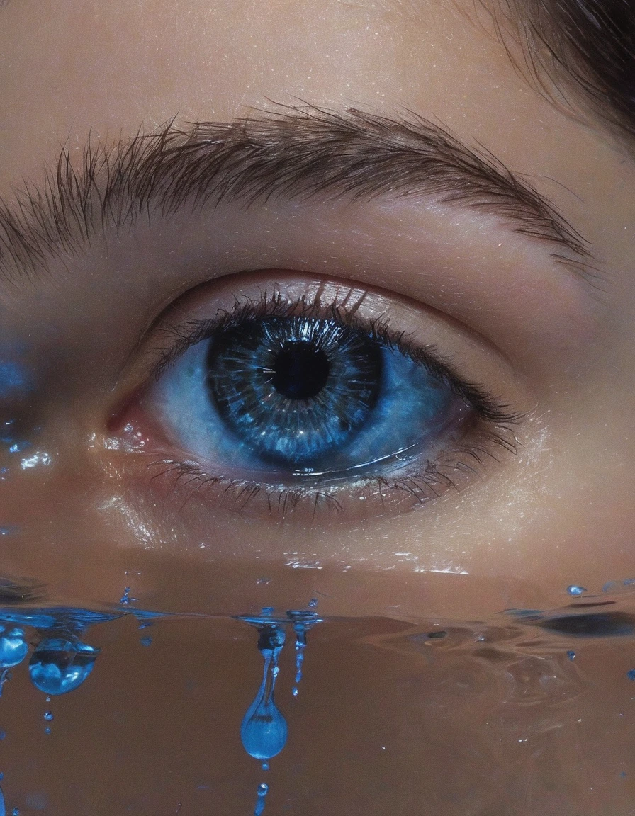 macro photography from above of  fashion model's blue eyes poke out of the water at night,