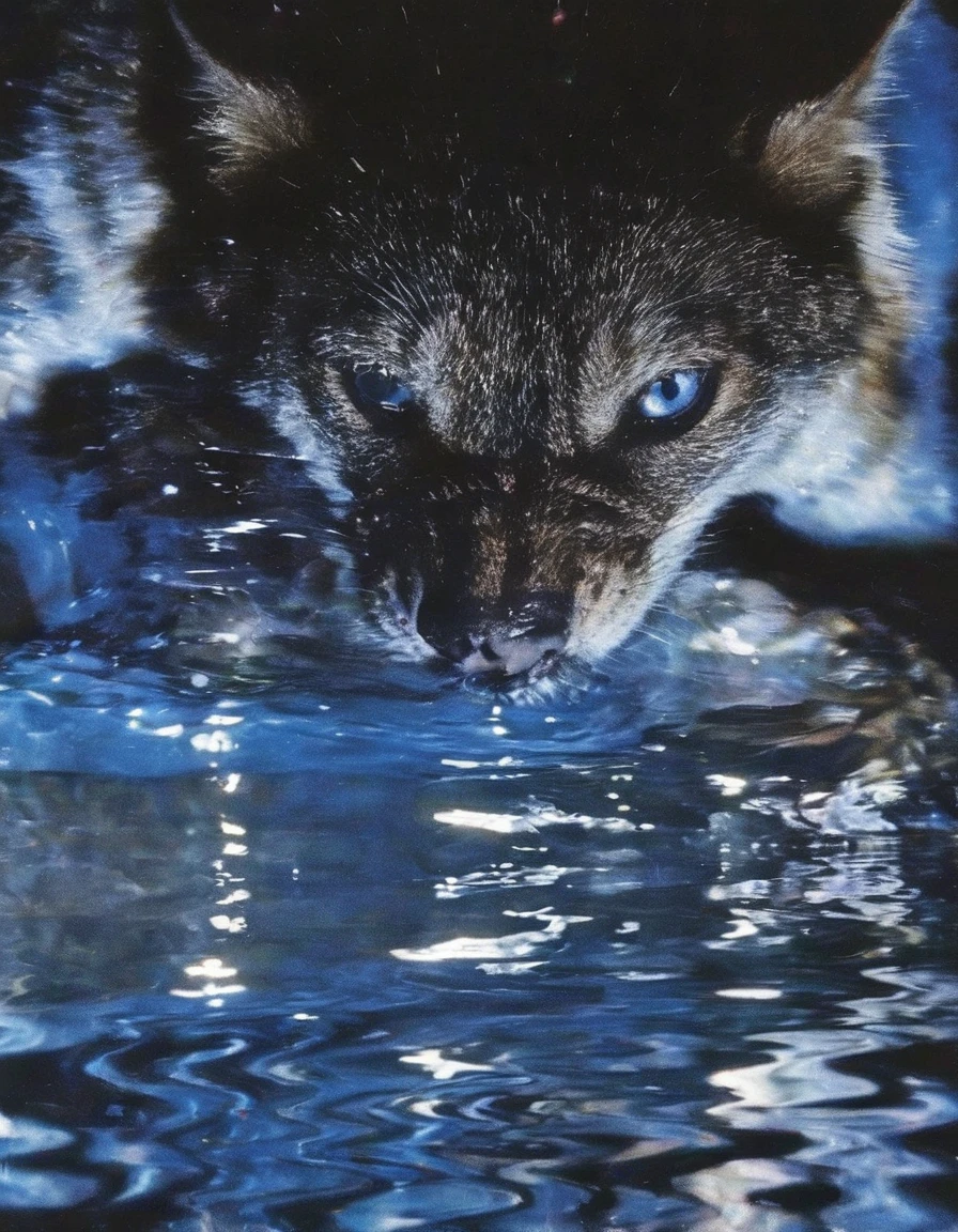 macro photography from above of fashion model's blue eyes poke out of the water at night,
