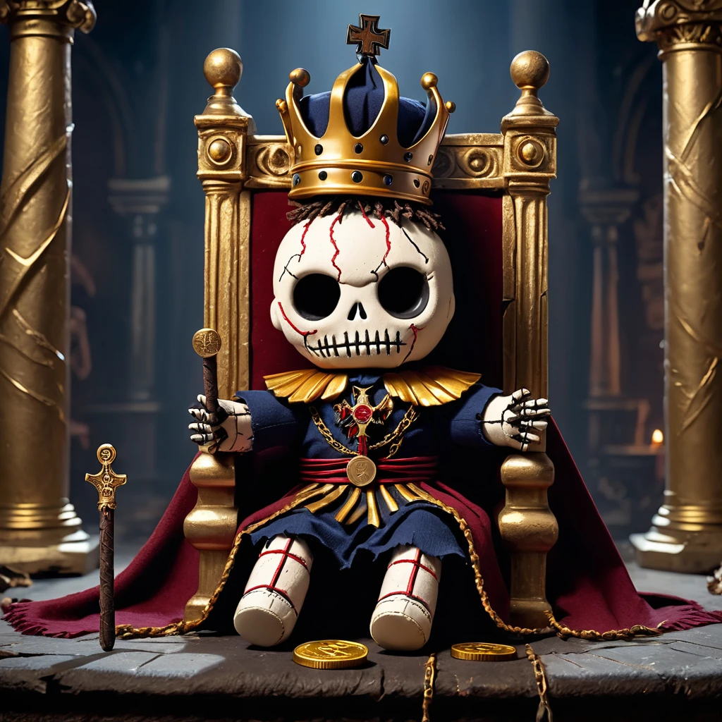 (knitted toy voodoo doll:1.7), (cursed voodoo king:1.3), (clothes torn royal cloak, dark crown, golden scepter with bitcoin coin:1.2), (sitting on throne:1.1), (in the background ruined throne room, fallen columns, moonlight:1.3), gothic atmosphere, best quality, masterpiece, detailed soft oil painting, detailed background, dramatic cinematic lighting, soft edge lighting, professional, dramatic lighting, hard edge lighting, ultra quality, 4k, masterpiece, best quality, 8k, ultra high definition, high resolution, extremely detailed