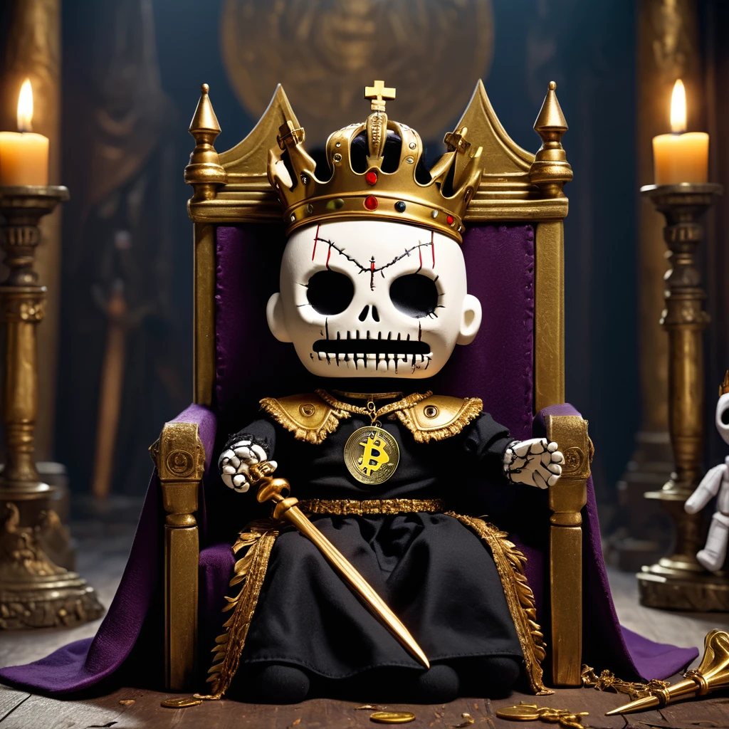 (knitted toy voodoo doll:1.7), (cursed voodoo king:1.3), (clothes torn royal cloak, dark crown, golden scepter with bitcoin coin:1.2), (sitting on throne:1.1), (in the background ruined throne room, fallen columns, moonlight:1.3), gothic atmosphere, best quality, masterpiece, detailed soft oil painting, detailed background, dramatic cinematic lighting, soft edge lighting, professional, dramatic lighting, hard edge lighting, ultra quality, 4k, masterpiece, best quality, 8k, ultra high definition, high resolution, extremely detailed