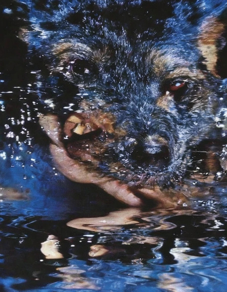 macro photography from up of fashion model's blue eyes poke out of the water at night,