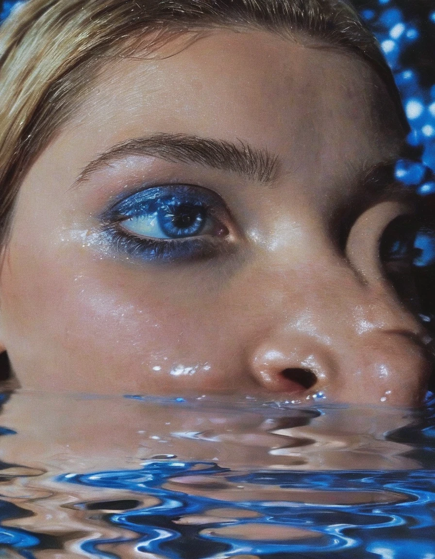 macro photography from up of  fashion model's blue eyes poke out of the water at night,