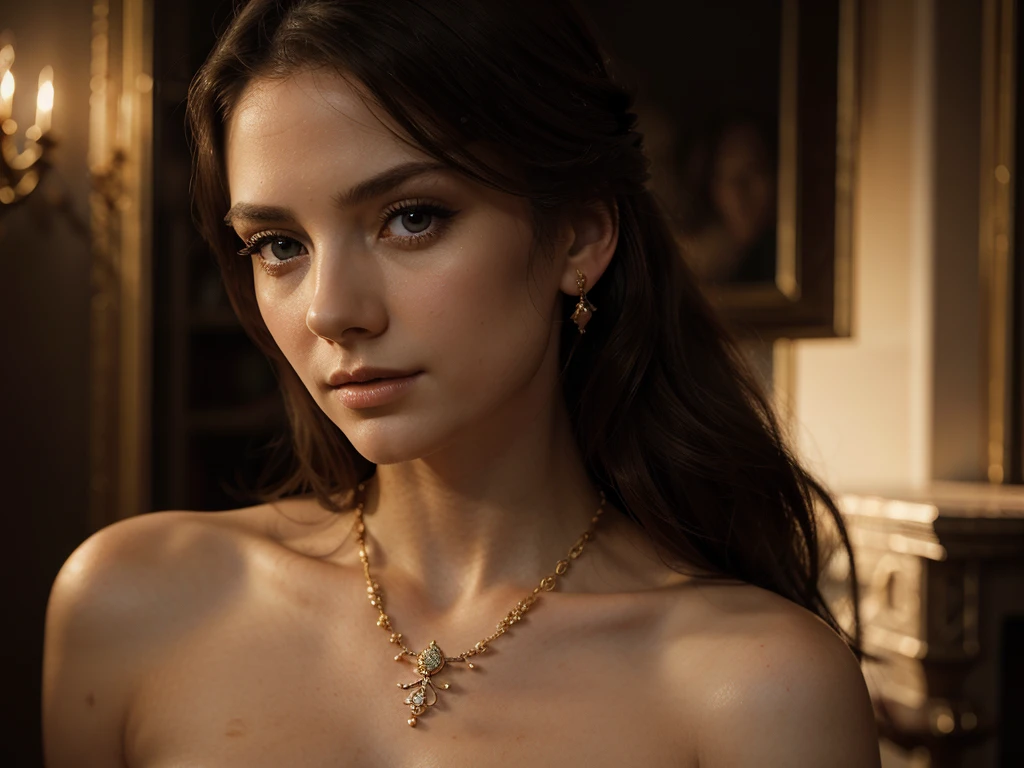 A chiaroscuro portrait of a woman, beautiful detailed eyes, beautiful detailed lips, extremely detailed eyes and face, long eyelashes, porcelain skin, elegant hairstyle, intricate jewelry, dramatic lighting, Renaissance style, dramatic shadows, warm golden tones, dramatic chiaroscuro lighting, ultra-detailed, 8k, photorealistic, masterpiece, cinematic, dramatic atmosphere, elegant and regal