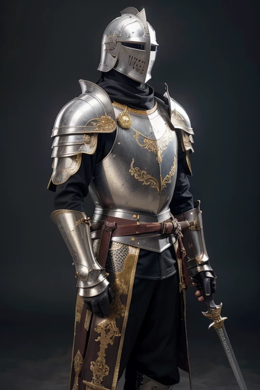 fullbody, front view, Royal Knights,Historic heavy armor envelops the entire body,Point the knight's sword at the sky,Portrait of,Close-up isolation,Solemn,Flat Chest,moderate,Humble,Cinematic, High resolution, vulgar, complicated, high quality, Gorgeous shades, complicatedなディテール, Very slim;,OC Rendering