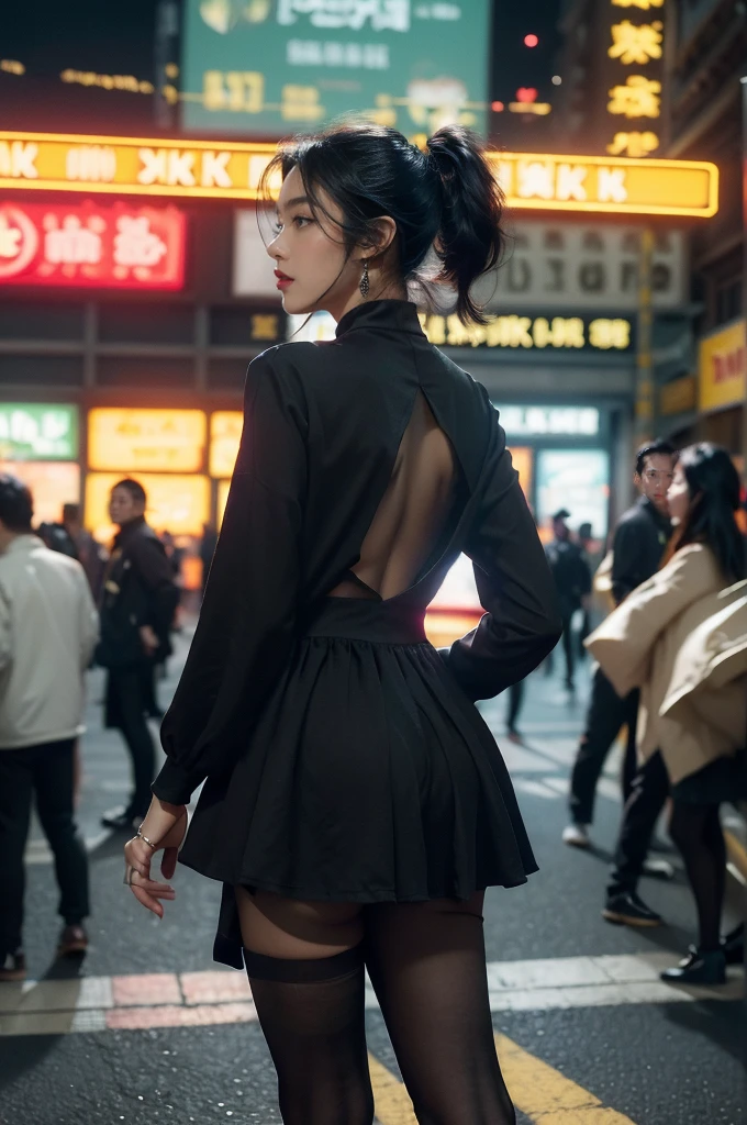 (((best quality))),(((ultra detailed))),(((masterpiece))),illustration,1girl,slim,vibrant cotton dress,short ponytail,flat chest,pantyhose,standing, bustling city streets, honking cars,surrounded by crowded crowds, colorful advertisements,enjoying sights and sounds,(dark black skin:1.5),(day scene:1.3),upper body,arms behind back,sunshine