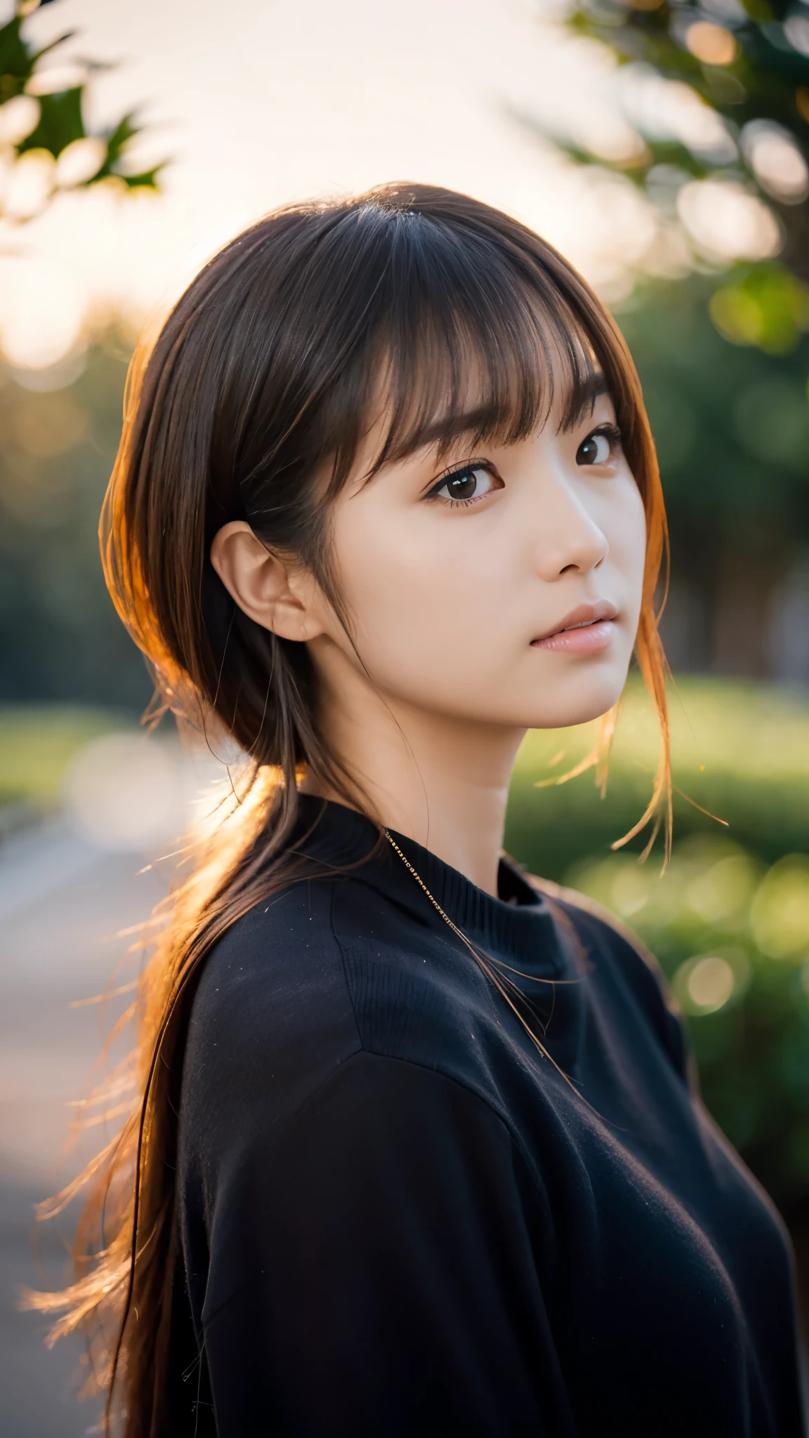 (masterpiece:1.2),(Highest quality),(Very detailed:1.2),(High resolution),(Photorealistic Stick),(RAW Photos),8K,Close-up of a woman in a black sweater,Soft portrait shots,Beautiful Japanese Women,Gorgeous face portrait,Eye light,Girl of the person himself,Very beautiful face,Beautiful portrait,A lovely and delicate face,Beautiful young Japanese woman,Mature hairstyle,Look this way(Sunset in the background),(((Blur the background))),(Gentle light:1.5),(Over the shoulder),(POV shot)
