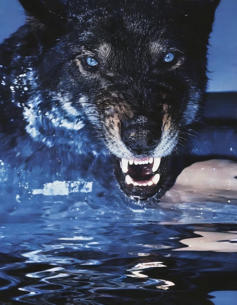 giant horror wolf in water, green abstract background