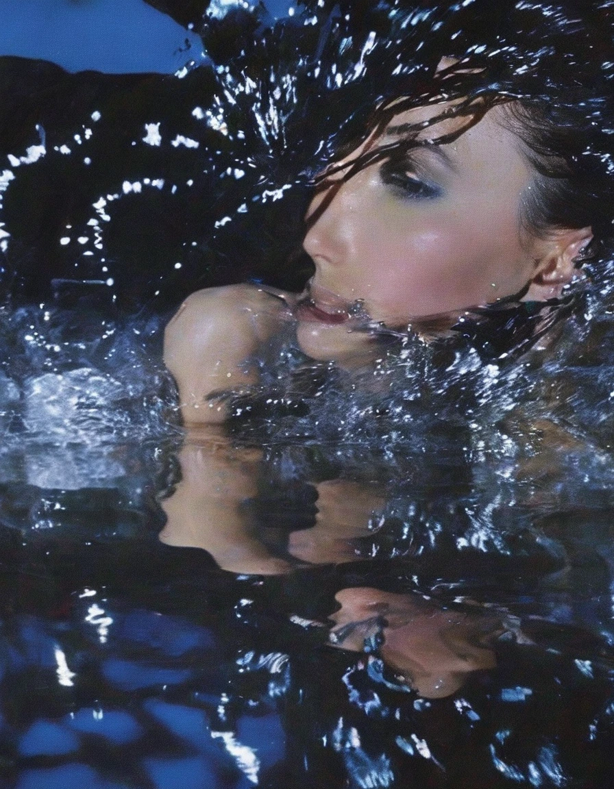 aeria macro photography of   fashion model's blue eyes poke out of the water at night,