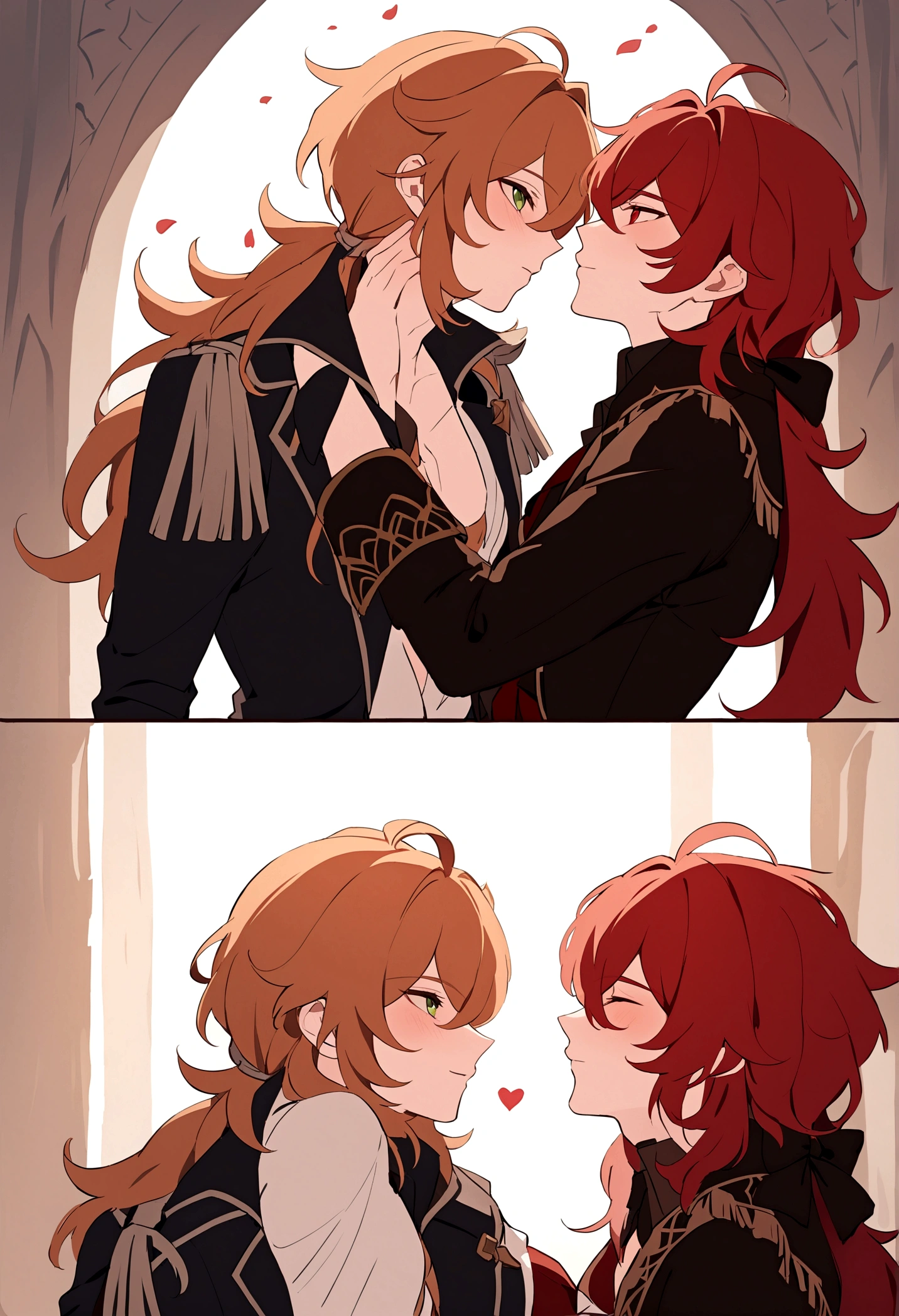 Tignari from the game Genshin impact hugs Diluc from the game Genshin impact, Tignari begs for a kiss from Diluc, Tignari is passive in their relationship
