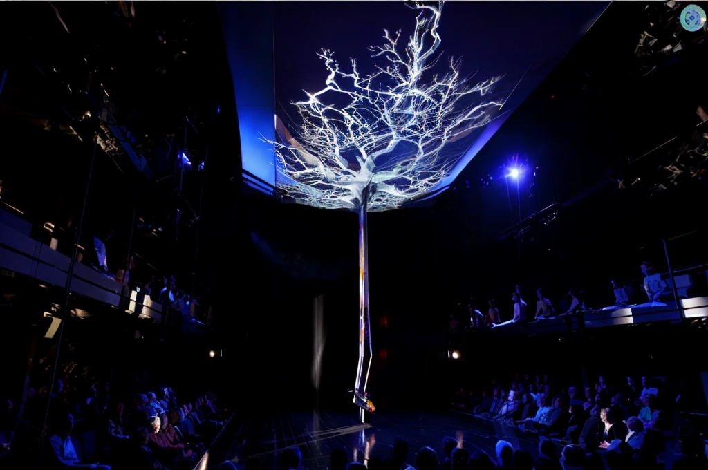 Stage scene concept,Hand drawn thick paint style,Arav tree hanging on a pillar in a dark room, Holographic projection, Projection design and installation, A huge silver tree, Elaborate stage effects, Hologram, 空灵Hologram中心, lightening tree, The back of the scene design element, A dramatic scene, 巨大的Hologram, Dramatic dream lighting, Stage lighting, 3 6 0 projection, Astonishing