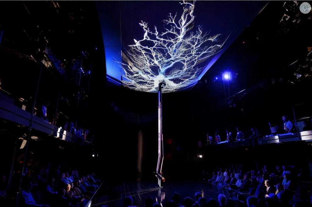 Stage scene concept，Hand drawn thick paint style，Arav tree hanging on a pillar in a dark room, Holographic projection, Projection design and installation, A huge silver tree, Elaborate stage effects, Hologram, 空灵Hologram中心, lightening tree, The back of the scene design element, A dramatic scene, 巨大的Hologram, Dramatic dream lighting, Stage lighting, 3 6 0 projection, Astonishing