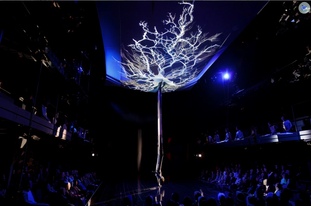 Stage scene concept,Hand drawn thick paint style,Arav tree hanging on a pillar in a dark room, Holographic projection, Projection design and installation, A huge silver tree, Elaborate stage effects, Hologram, 空灵Hologram中心, lightening tree, The back of the scene design element, A dramatic scene, 巨大的Hologram, Dramatic dream lighting, Stage lighting, 3 6 0 projection, Astonishing