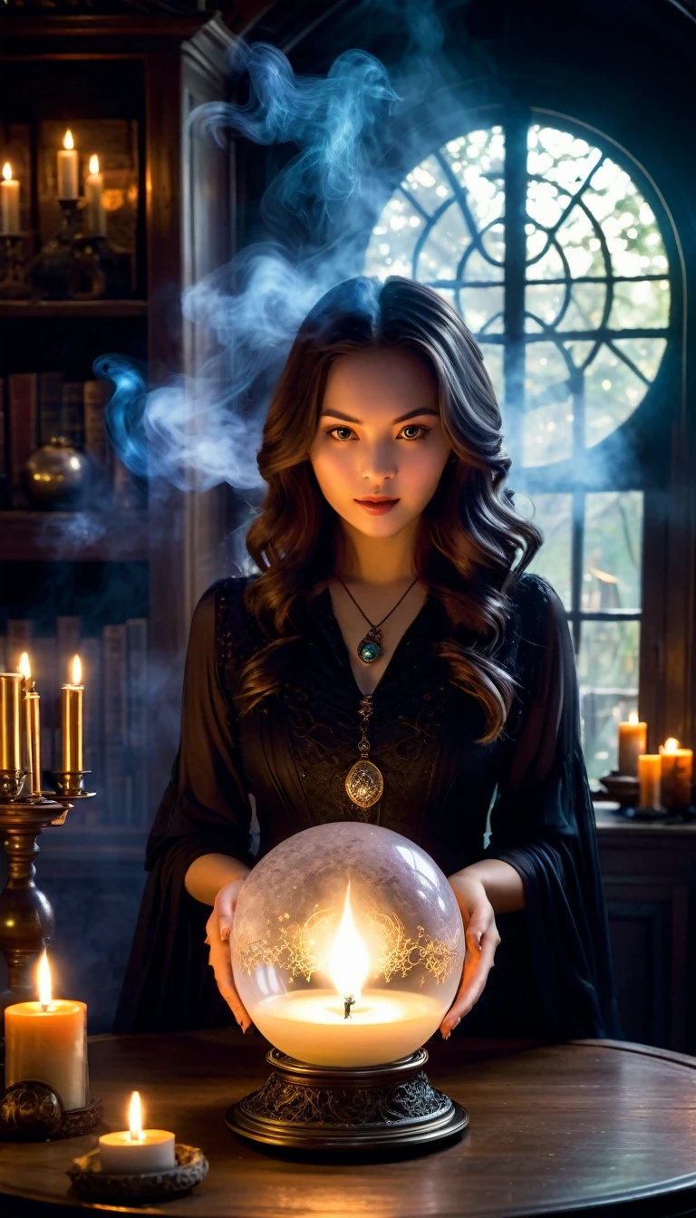 Crystal ball in hand,Front facing,(The girl standing at the center of the magic circle),闇のmagic,Detailed engraving,Glowing Seal,Ancient symbols,Enchanting atmosphere,Mysterious Aura,Exquisite patterns,Magic Flame,Flickering Candle,Smoke billows,Ethereal Mist,Mysterious glow,Dramatic lighting,magic,Magical Elements,Powerful Energy,Enchanting atmosphere,Otherworldly beauty,Enchanting Magic,A fascinating scene,Spooky Powers,Transcendental charm,Beautiful and memorable,A commanding presence,Mysterious Essence,Intricate Design,Casting a Spell,Dark and mysterious,Magic spells,Whispers of Enchantment,fascinated by her presence,Dimly lit room,supernatural energy,Featured Witch,Enchanting Spell,闇のmagic,Fascinating Movement