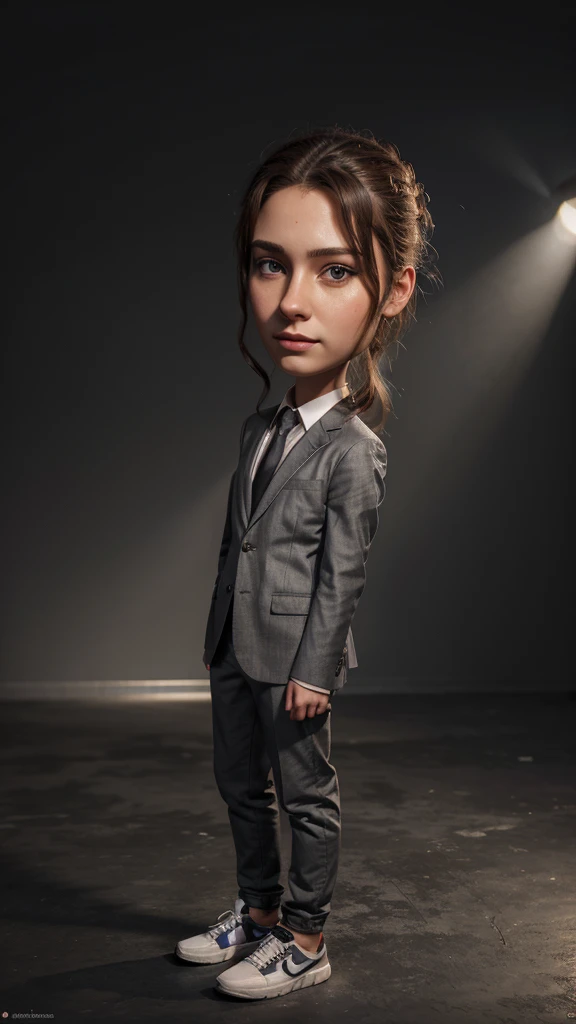 Realistic 3d caricature, 3d oil painting caricature, 20 years old, wearing casual chlotes with a suit, half body, gray background with spotlights behind it