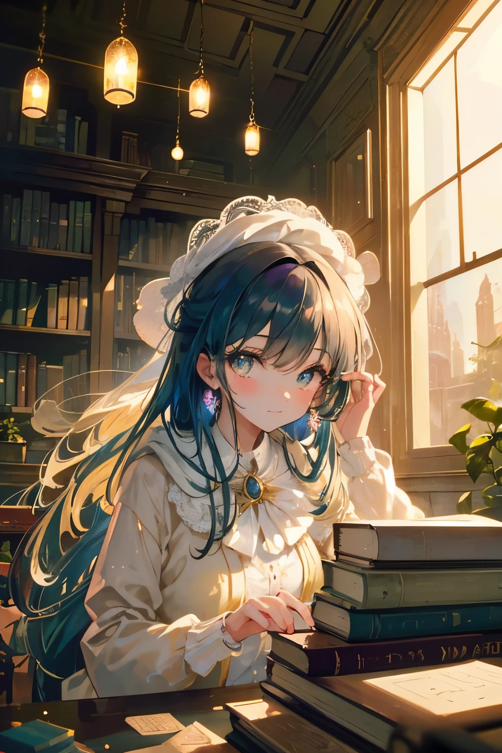 Create a high-quality illustration depicting a beautiful girl who has wandered into an abandoned library, bathed in the nostalgic glow of the setting sun. The scene should evoke a sense of nostalgia and enchantment, with intricate details and a dreamy atmosphere. The girl's features should be beautifully rendered, capturing her sense of wonder and curiosity. The abandoned library should include elements like dusty shelves filled with old books, broken windows with light streaming through, and overgrown plants reclaiming the space. The warm hues of the sunset should cast a golden glow over the scene, enhancing the nostalgic and magical feel. Every element should be meticulously crafted to immerse the viewer in a nostalgic and enchanting moment. best quality, masterpiece, expressive eyes, gorgeous, vivid, perfect face, smile, happyness, 2eyes, emotion, detailed pupils, vivid pupils,stunning, life, relfection, peace, warm, compsition, artistic, 4k, wallpaper, bonnet, wind, glowing eyes