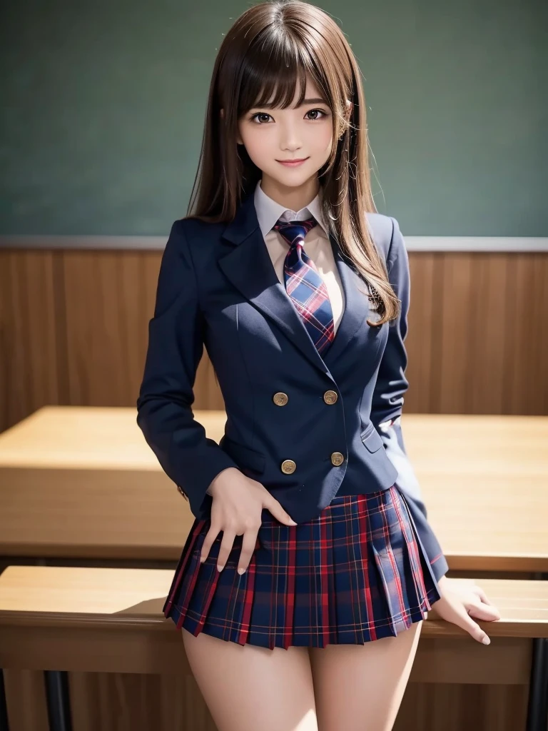 (8K, RAW Photos, Highest quality), Stand in the classroom of school, (((((((One woman))))))), ((Brown Hair)), ((Long Bob Hair)), ((Detailed eyes)), ((smile)), ((Red tie)), (((Dark blue closed blazer))), (((A blue plaid pleated miniskirt that wraps around the hips))), Asymmetrical bangs, 楽しそうなsmile, Thighs, knees, Random pose，pretty girl，Slender girl