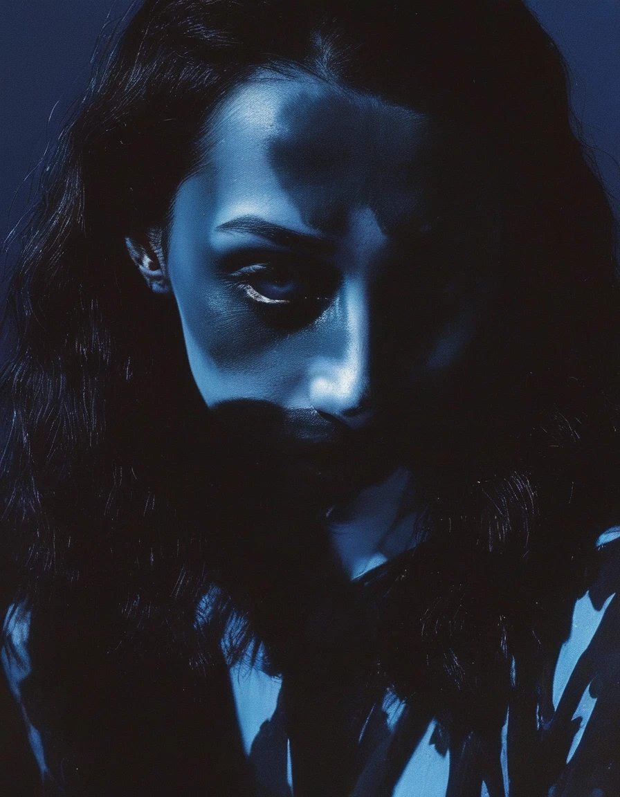 film photography, vintage, fashion shoot of female horror monster, blue dark background