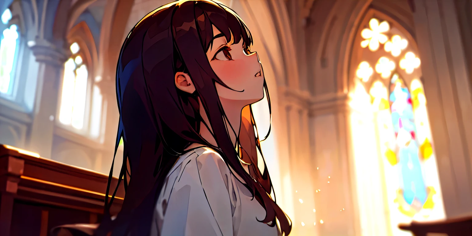 (masterpiece, best quality),1girl, solo, church, long hair, indoors, day, looking up, parted lips, black hair, sunlight, white shirt, from side, bokeh, brown hair, depth of field