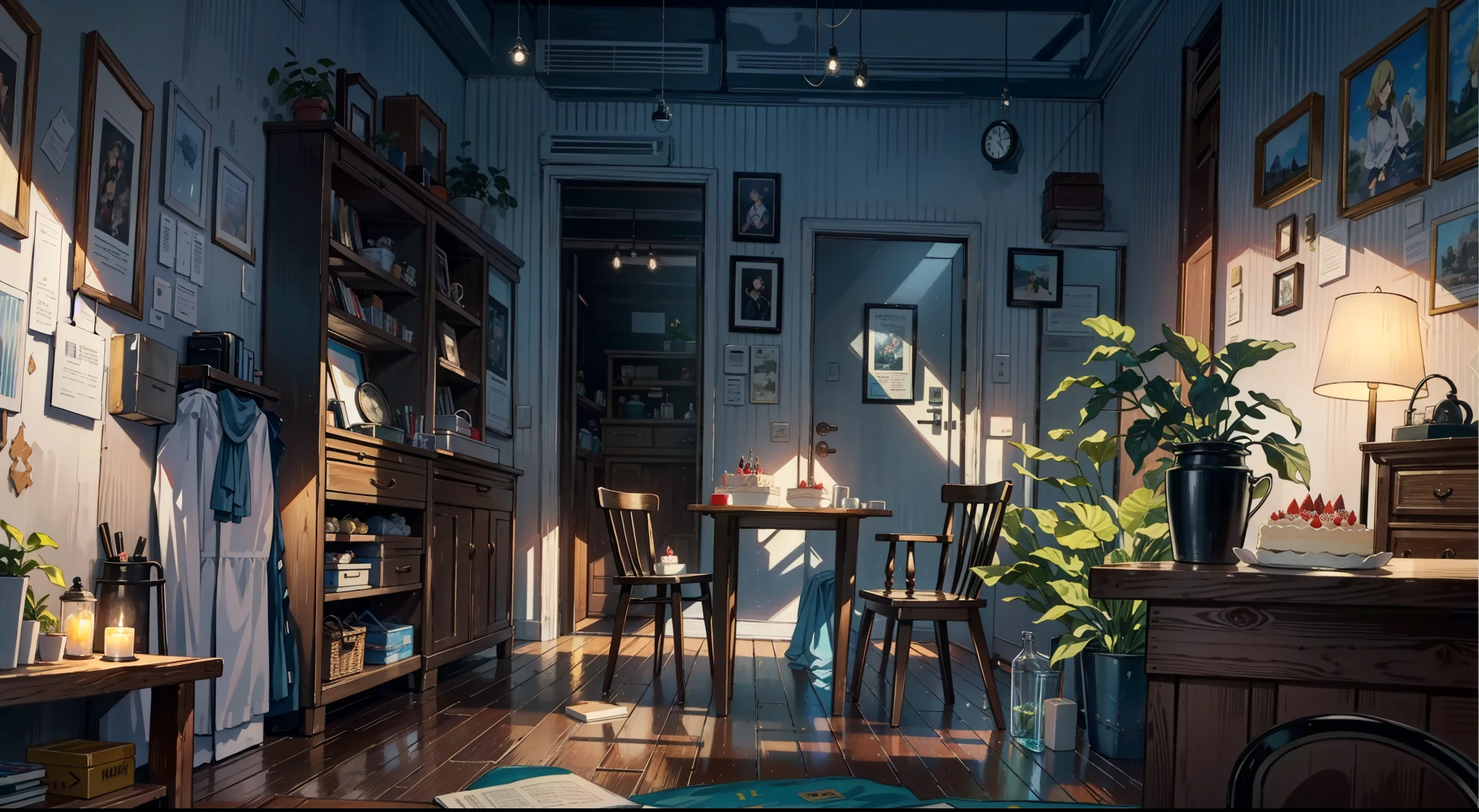 （best quality，masterpiece：1.2，detailed details，4k），A dim old apartment, a small birthday cake on an old wooden table, a modern apartment, an alarm clock on the wall, an anime scene,the wooden floor, 