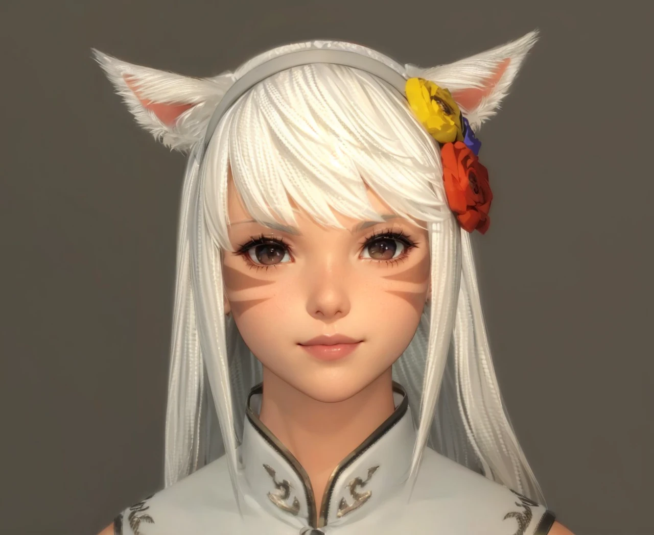 Catgirl, white hair, lips, cat eye cornea, face clan marks, studio rim lighting, smiling