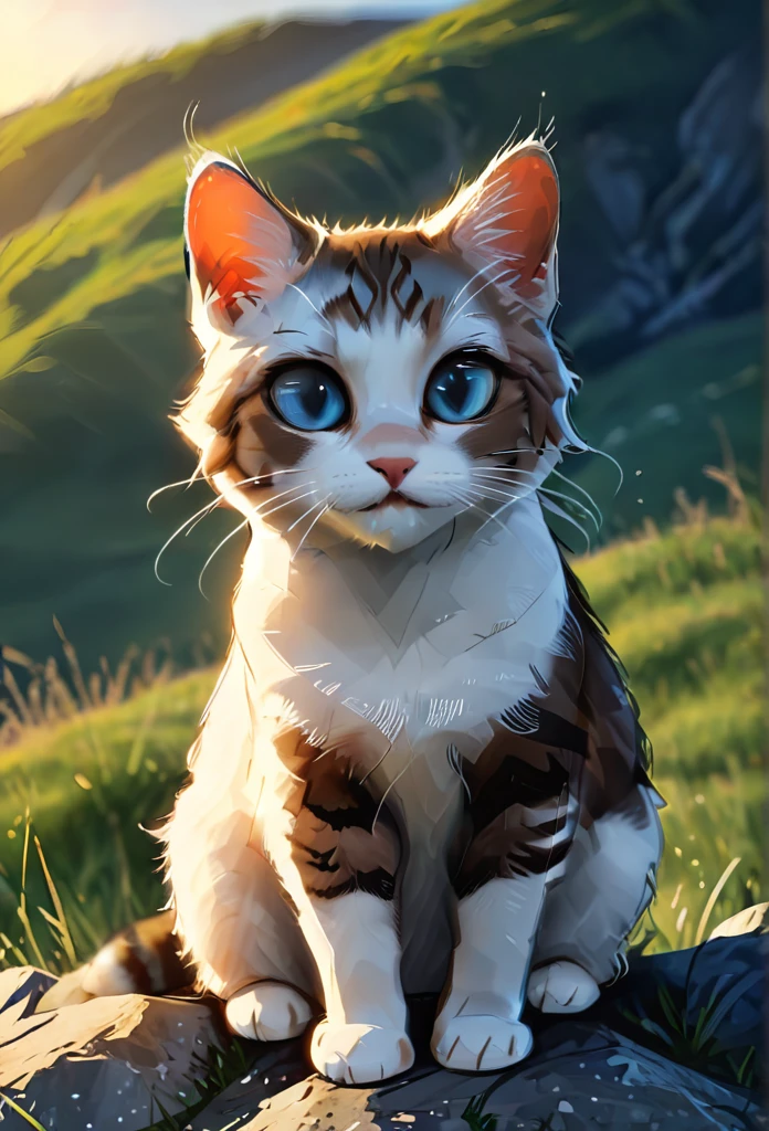 (((award winning photo))) of a  cat sits on a hill,(sharp focus:1.2),DOF,zhibi, (masterpiece, best quality),(sharp focus:1.2),(photorealistic),(intricate details),unity 8k wallpaper,ultra detailed,