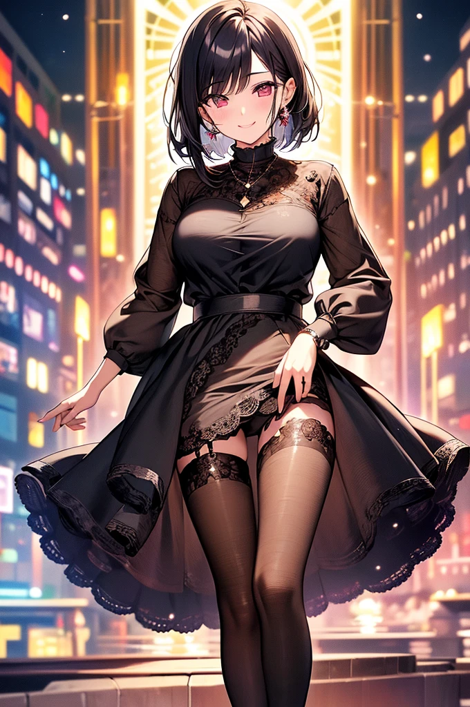 (masterpiece, highest quality, highest quality, (No text), Beautiful and aesthetic:1.2),No text,アニメ、 BREAK,One Girl，Short black hair　Beautiful eyes　Red eyes　Beautiful girl　cool　smile　Black Coat　　whole body　Night view　Beautifully detailed face and eyes、Detailed eyes and face、Intricate details, Ergonomically correct depiction of five fingers, 繊細なsmile
