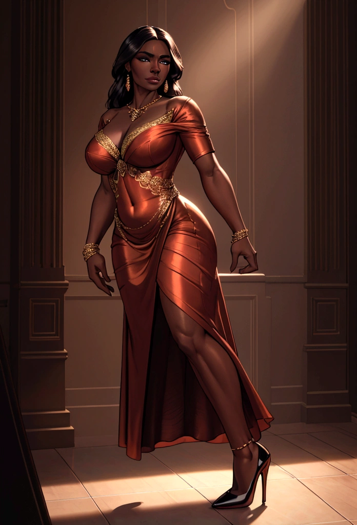 A beautiful dark-skinned woman, elegant and confident, dressed up for a date, (best quality,4k,8k,highres,masterpiece:1.2),ultra-detailed,(realistic,photorealistic,photo-realistic:1.37), intricate details, chiaroscuro lighting, cinematic composition, dramatic atmosphere, warm color palette, complementary colors, flawless skin, mesmerizing eyes, full lips, glossy hair, graceful pose, form-fitting dress, high heels, luxurious jewelry, background blurred, cinematic lighting