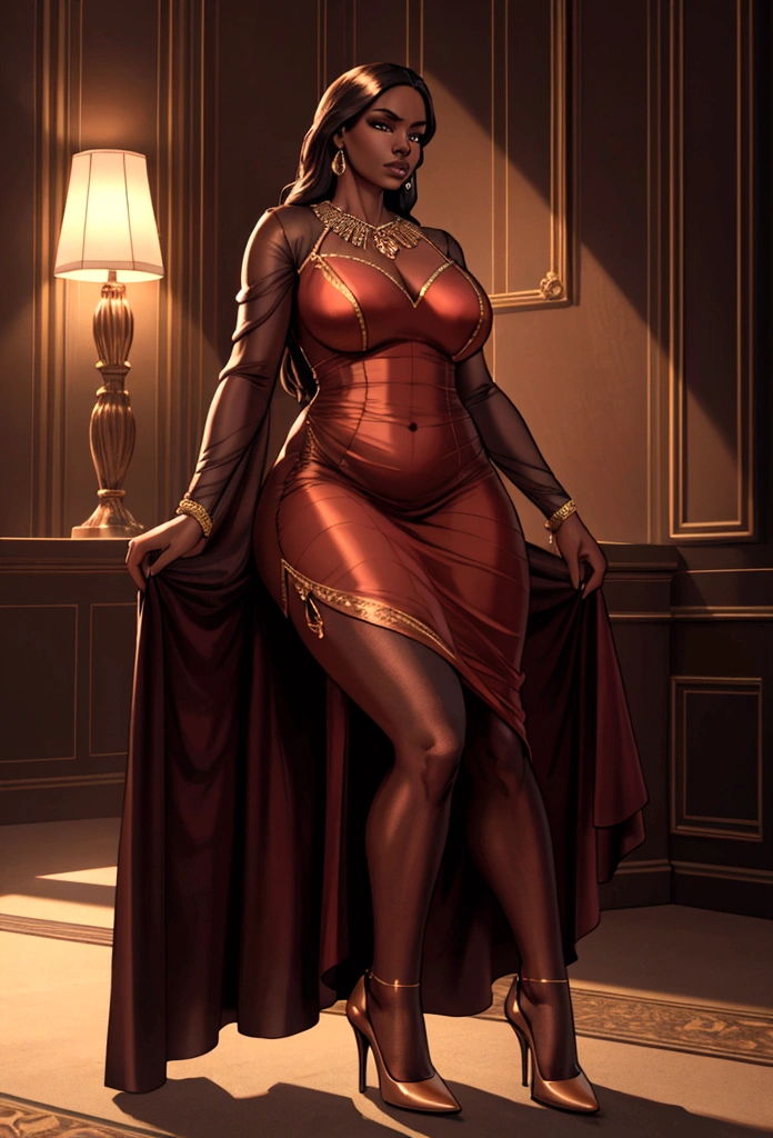 A beautiful dark-skinned woman, elegant and confident, dressed up for a date, (best quality,4k,8k,highres,masterpiece:1.2),ultra-detailed,(realistic,photorealistic,photo-realistic:1.37), intricate details, chiaroscuro lighting, cinematic composition, dramatic atmosphere, warm color palette, complementary colors, flawless skin, mesmerizing eyes, full lips, glossy hair, graceful pose, form-fitting dress, high heels, luxurious jewelry, background blurred, cinematic lighting