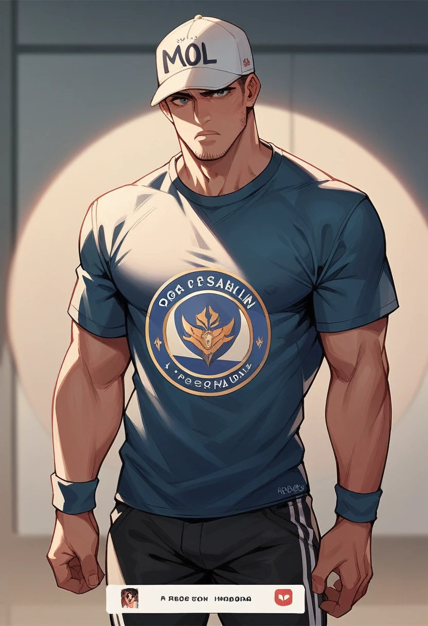 A tall, burly, blond man wearing a football shirt with a green rose logo written on the shirt