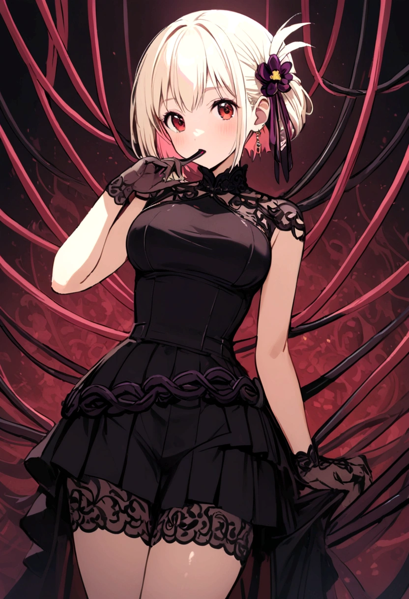 Himiko toga in an Underworld landscape and dressed in a sexy gothic black outfit, with black tights and skirt with chains and revealing (whole body) 