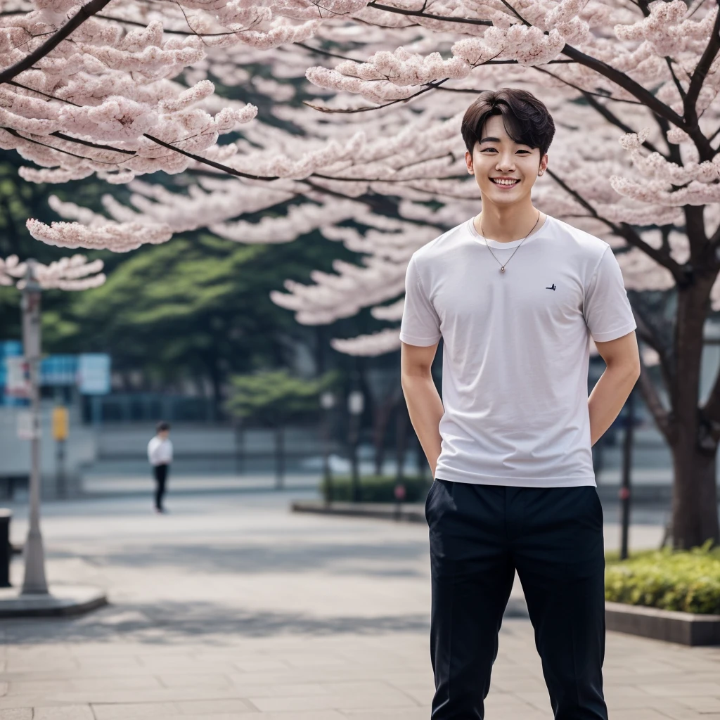 ((hyperdetail)), ((hyperrealistic)), ((hyperrealism)), Professional, Angle camera shooting from below, realistic, High level of detail, Full body photo of 25 years old Korean male, alone, just 1 man, one man, face like Jungkook BTS, nice hair like Jungkook BTS hair, nice eyes, wearing plain t-shirt, wearing sneakers, full body, fit body almost 75 kg bodyweight weight and 185 cm body height, fit body like gym trainer, not thin and not fat, standing posing for a photo, chill on a city park, photogenic pose, smile pose, dancing pose, (random standing pose: 1.3) ,Natural light, (Attractive young man:1.3), (seductive:1.1), (blush:1.1), bacgkround at street near seoul district ,  E-world Seoul, cherry blossom at Seoul, beautiful cherry blossom, shower of sunshine, ((cool dancing pose)), ((gentleman pose)), ((ISO 1600)), ((50mm lens)), ((wide shot)),