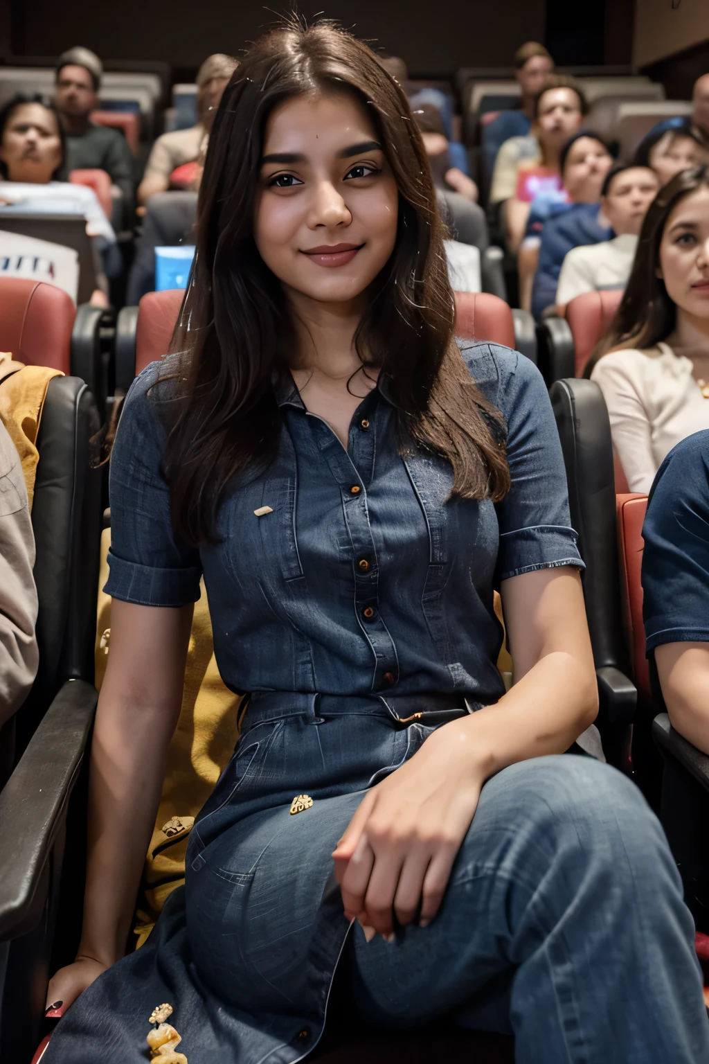 ((best quality)), ((masterpiece)), (detailed), a 21 year old beautiful Indian girls with long hair smiling face beautiful eyes wearing a long kurti dress and jeans pant sitting in a movie theatre and watching movie in a very expensive beautiful movie theatre sitting popcorn 🍿 in the side