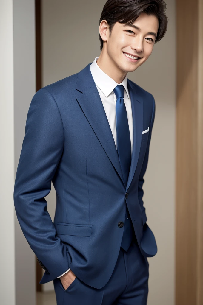 (masterpiece:1.1),(best quality:1.1),1 boy,soft light,man jxx,smile,look at the ,Navy suit jacket, light bluetie,japn