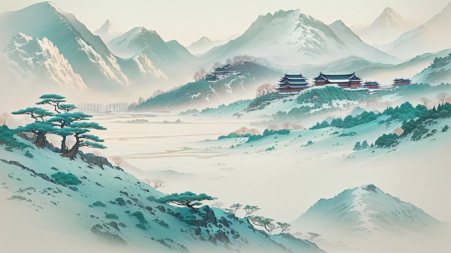 A painting of a mountain landscape with buildings and trees, Chinese style景, author Miao Fu, author:Qiu Ying, qi sheng luo, author:Wang Fu, Chinese style, Gong Xian, traditional Chinese painting, author:Gu An, author:Xu Xi, author:Luo Mu, by Chen Daofu, Inspired by Wang Yuanqi