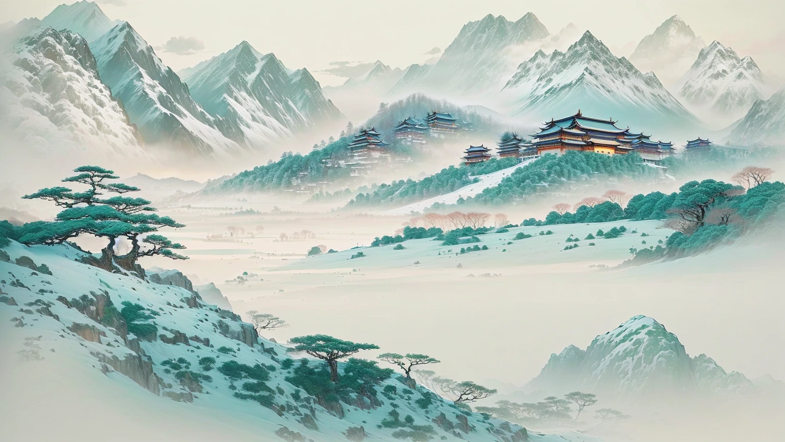 A painting of a mountain landscape with buildings and trees, Chinese style景, author Miao Fu, author:Qiu Ying, qi sheng luo, author:Wang Fu, Chinese style, Gong Xian, traditional Chinese painting, author:Gu An, author:Xu Xi, author:Luo Mu, by Chen Daofu, Inspired by Wang Yuanqi
