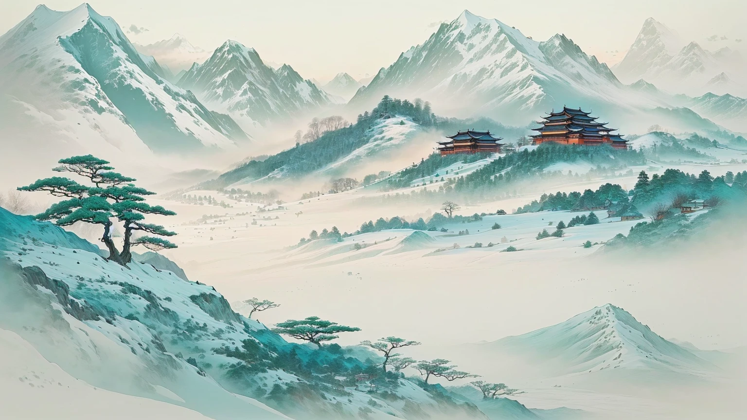 A painting of a mountain landscape with buildings and trees, Chinese style景, author Miao Fu, author:Qiu Ying, qi sheng luo, author:Wang Fu, Chinese style, Gong Xian, traditional Chinese painting, author:Gu An, author:Xu Xi, author:Luo Mu, by Chen Daofu, Inspired by Wang Yuanqi