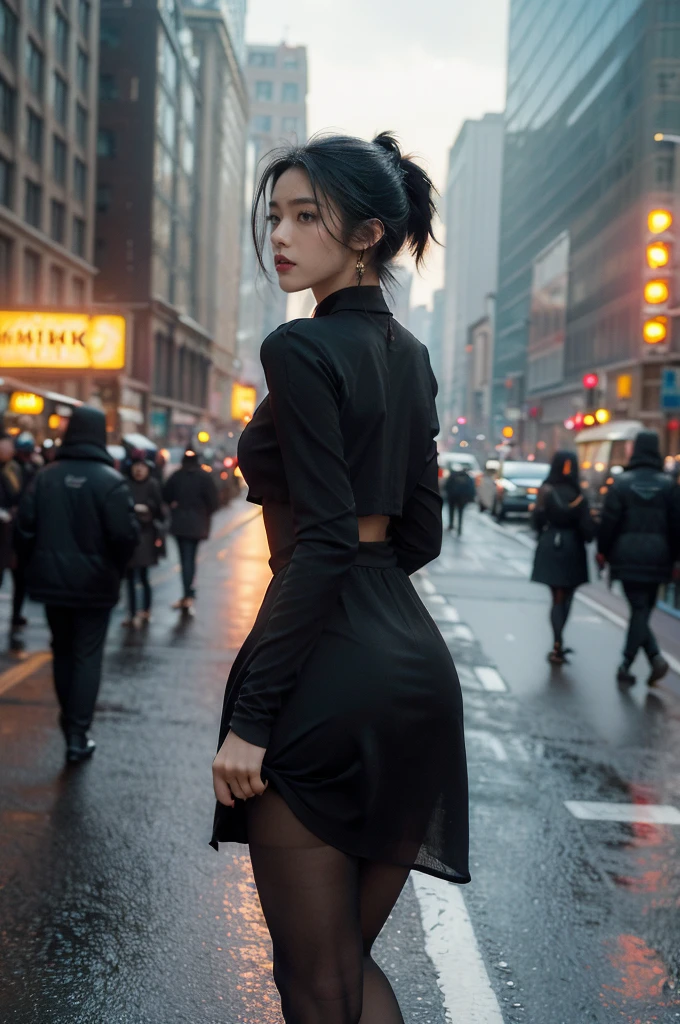 (((best quality))),(((ultra detailed))),(((masterpiece))),illustration,1girl,slim,vibrant cotton dress,short ponytail,pantyhose,standing, bustling city streets, honking cars,surrounded by crowded crowds, colorful advertisements,enjoying sights and sounds,(dark black skin:1.5),(day scene:1.3),upper body,from front,bare back,towering hips,butt crack,sunshine