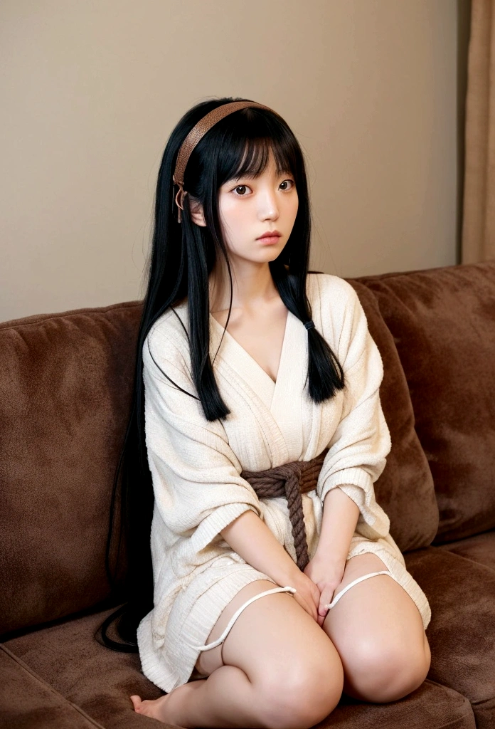 a beautiful long black haired japanese girl wearing ropes, in the style of Nisio Isin's Kizumonogatari, in the style of oshare kei, realistic private photo, sitting on a sofa in the living room