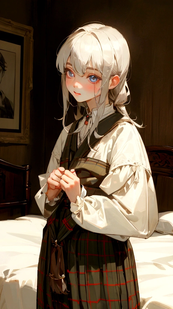 Ekaville, masterpiece, best quality, Small男孩, love, Thin, Weak, Cowboy shooting, Looking at the audience, Glowing skin, Delicate eyes, Delicate face, Realistic eyes, Realistic face, bedroom, Small, , Style - Kilt