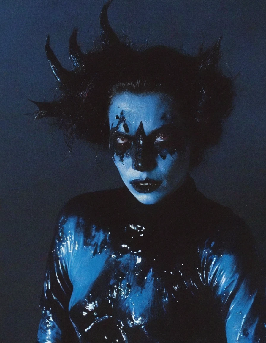 film photography, vintage, 90's vintage arthouse fashion shoot of female horror monster, blue dark background