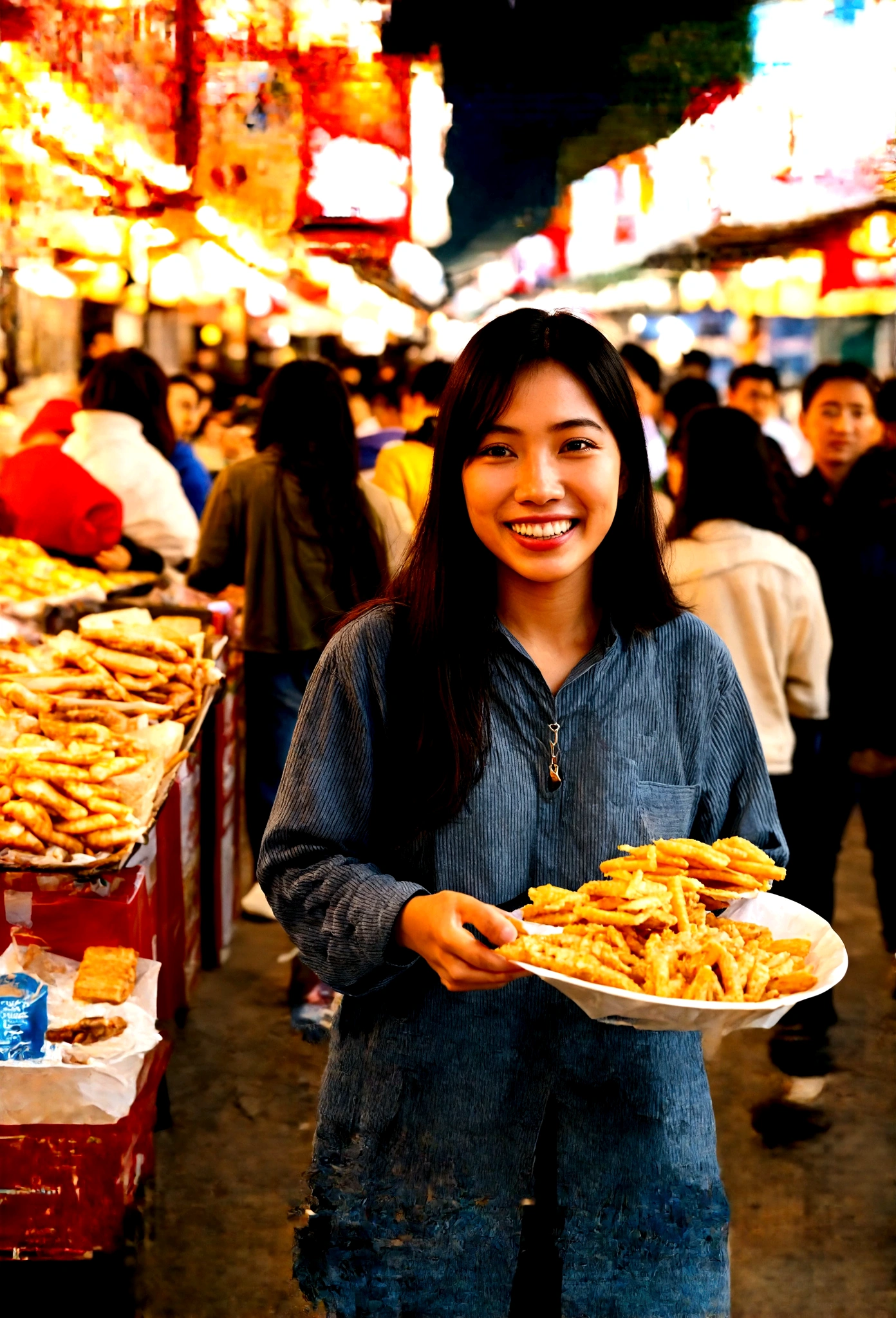 Bustling night market. The woman was wearing casual clothing, Bring snacks, Her face was full of joy and satisfaction..