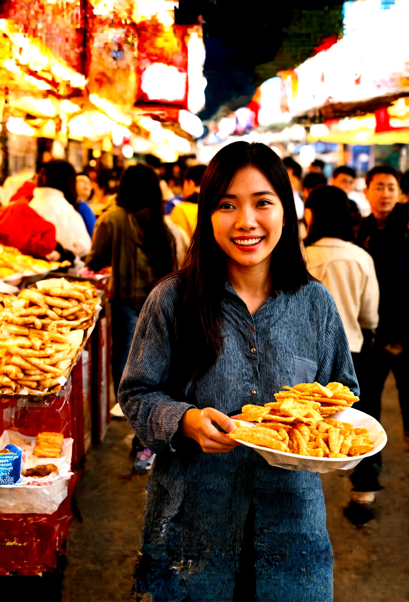 Bustling night market. The woman was wearing casual clothing, Bring snacks, Her face was full of joy and satisfaction..