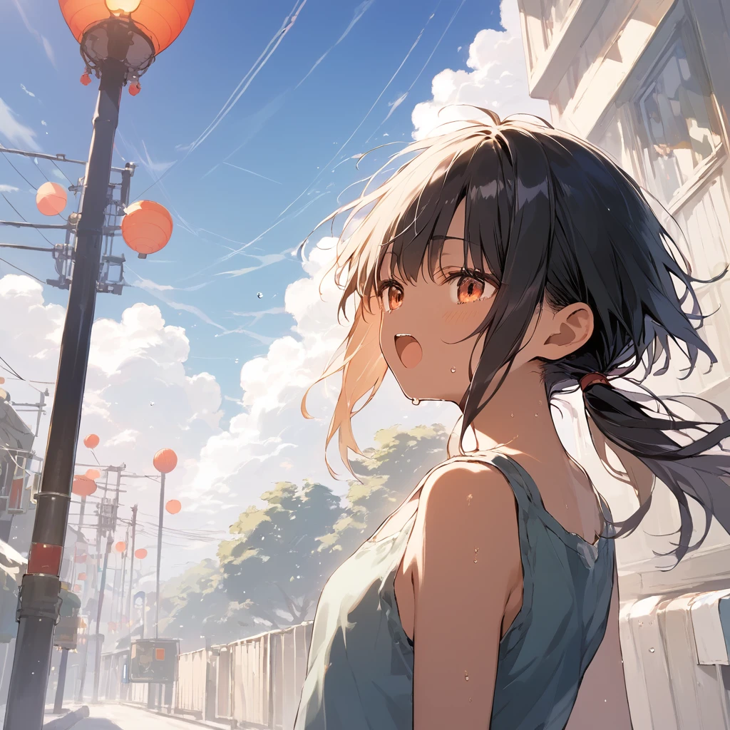 score_9, score_8_up, score_7_up, source_anime, best quality, masterpiece, official art, absurdres, highres, ultra-detailed,waifu2x,Collection: Slice of Life,break,1girl, tomboy, dark-skinned female, short hair, low ponytail, flat chest, beautiful detailed eyes, short shorts, sweat, open mouth, (yawn:0.3), sleepily, outdoors, wind, break,(clear line illustration:1.2),very high resolution, very aesthetic, super detailed skin, Best sexual lighting powered by famous artist, 8k,cute picture,beauty illustration,photoshop_(medium),,(Detailed Lighting),best anime 8k konachan wallpaper, pixiv contest winner,