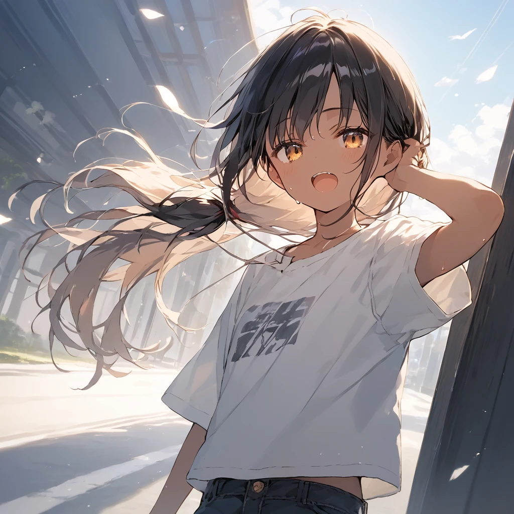 score_9, score_8_up, score_7_up, source_anime, best quality, masterpiece, official art, absurdres, highres, ultra-detailed,waifu2x,Collection: Slice of Life,break,1girl, tomboy, dark-skinned female, short hair, low ponytail, flat chest, beautiful detailed eyes, short shorts, sweat, open mouth, (yawn:0.3), sleepily, outdoors, wind, break,(clear line illustration:1.2),very high resolution, very aesthetic, super detailed skin, Best sexual lighting powered by famous artist, 8k,cute picture,beauty illustration,photoshop_(medium),,(Detailed Lighting),best anime 8k konachan wallpaper, pixiv contest winner,
