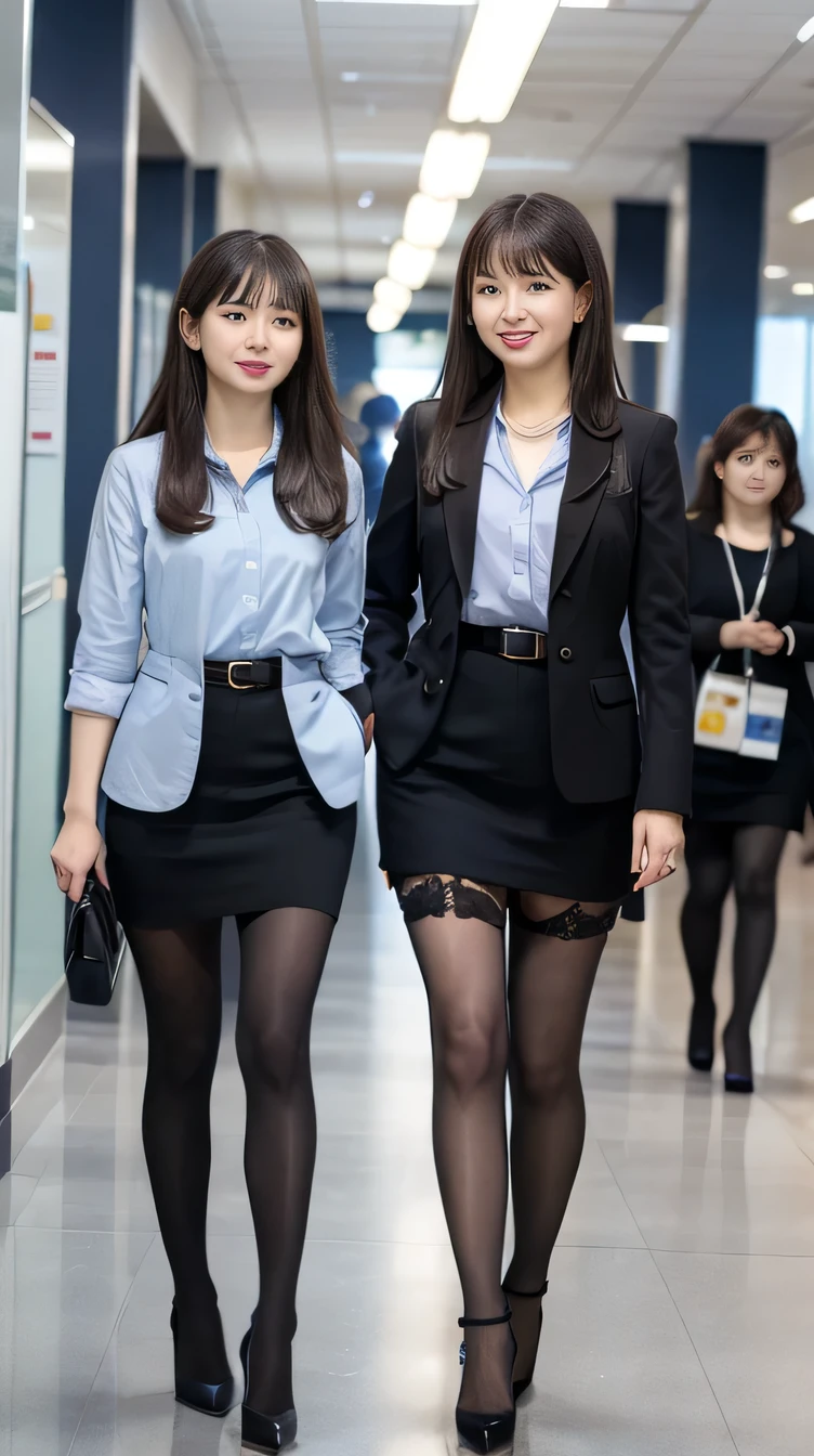 Highest quality, masterpiece, Realistic, Very detailed, Ultra-high resolution, to be born:1.3), (２People Girls:1.5), beautiful, （tights、pumps） 28 years old, office workers, violet| Sky blue} Clothes), (smile), (bangs), high waist, necklace, (office, indoor, ), (Long legs, High heels, whole body:1.2), (Medium Chest:1.3), (crowd)tights、