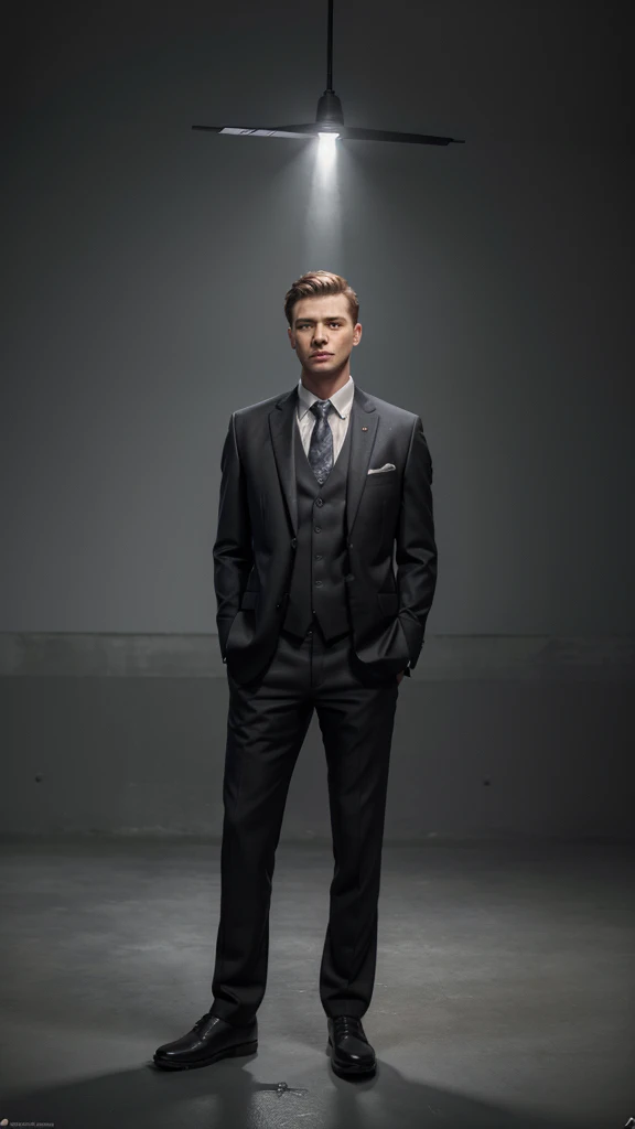 Realistic man 3d , 3d oil painting, 20 years old, wearing casual chlotes with a suit, half body, gray background with spotlights behind it