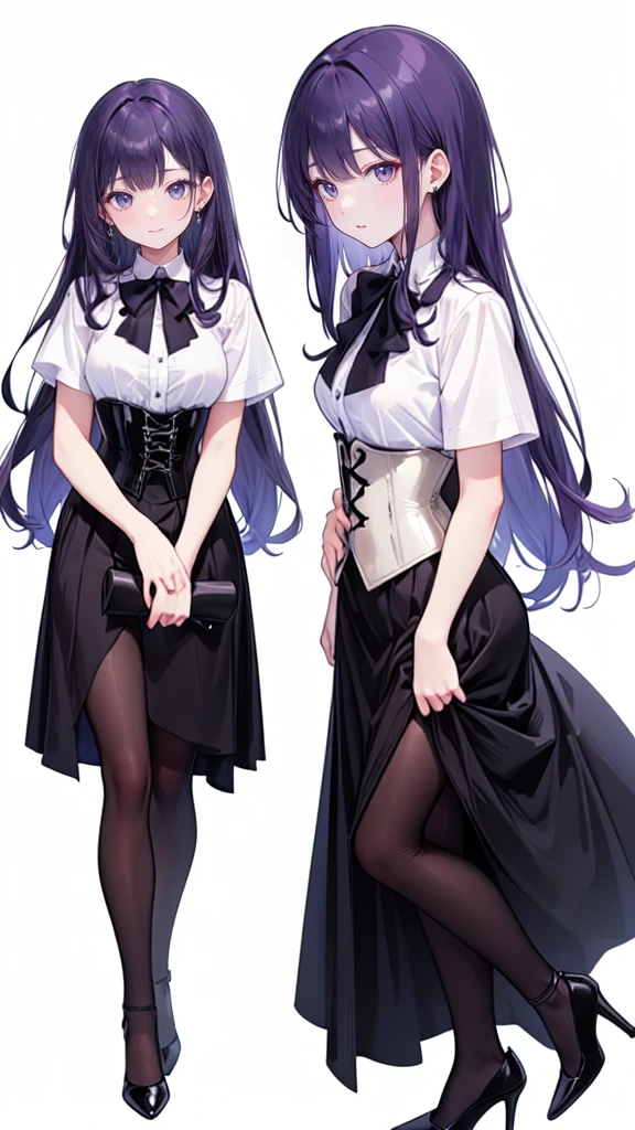 Purple Hair,Super long hair with volume,Adult female,(suit),White Y-shirt,((Rolling up his sleeves)),(corset),(Black skirt),(Slim silhouette skirt),(High heels),Heels are visible,((Simple white background)),smile,((whole body)),((full body)),Character Sheet,