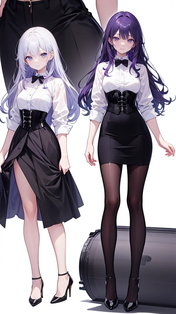 Purple Hair,Super long hair with volume,Adult female,(suit),White Y-shirt,((Rolling up his sleeves)),(corset),(Black skirt),(Slim silhouette skirt),(High heels),Heels are visible,((Simple white background)),smile,((whole body)),((full body)),Character Sheet,